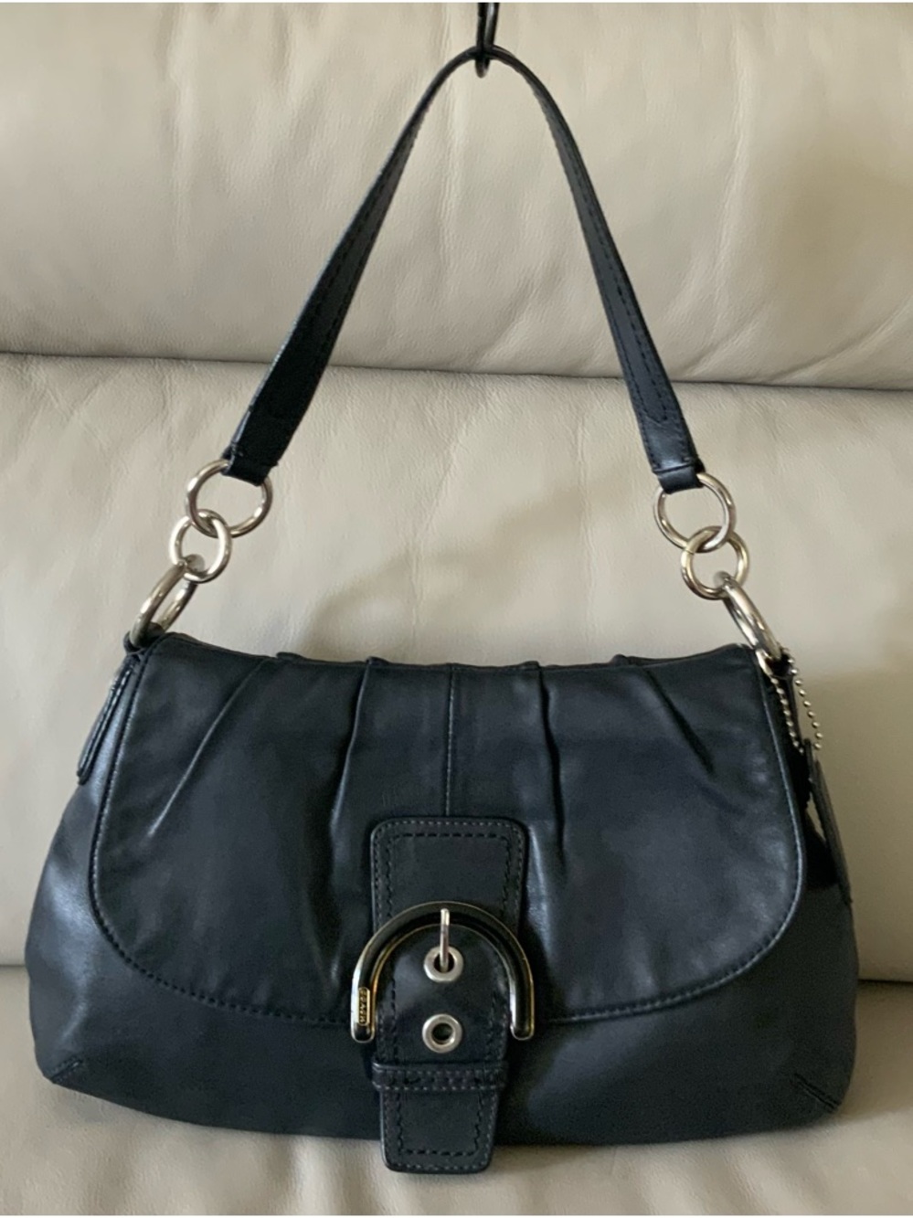Black Leather Shoulder Bag with Decorative Buckle